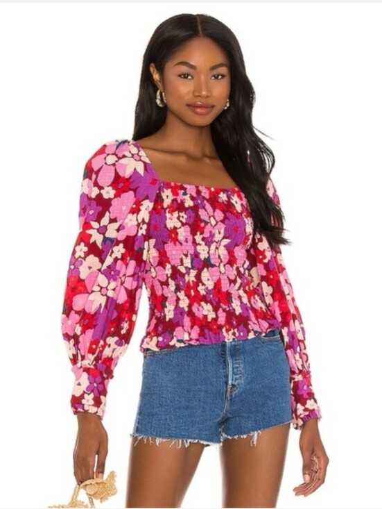 Free People Tops - Free People Womens Pink Multi Floral Square Neck Smocked Bodice Blouse Sz. M